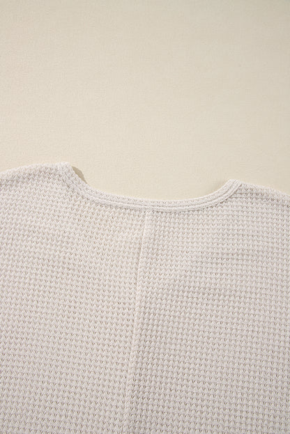 Waffle Knit Side Slits Loose Fit V Neck Top | White