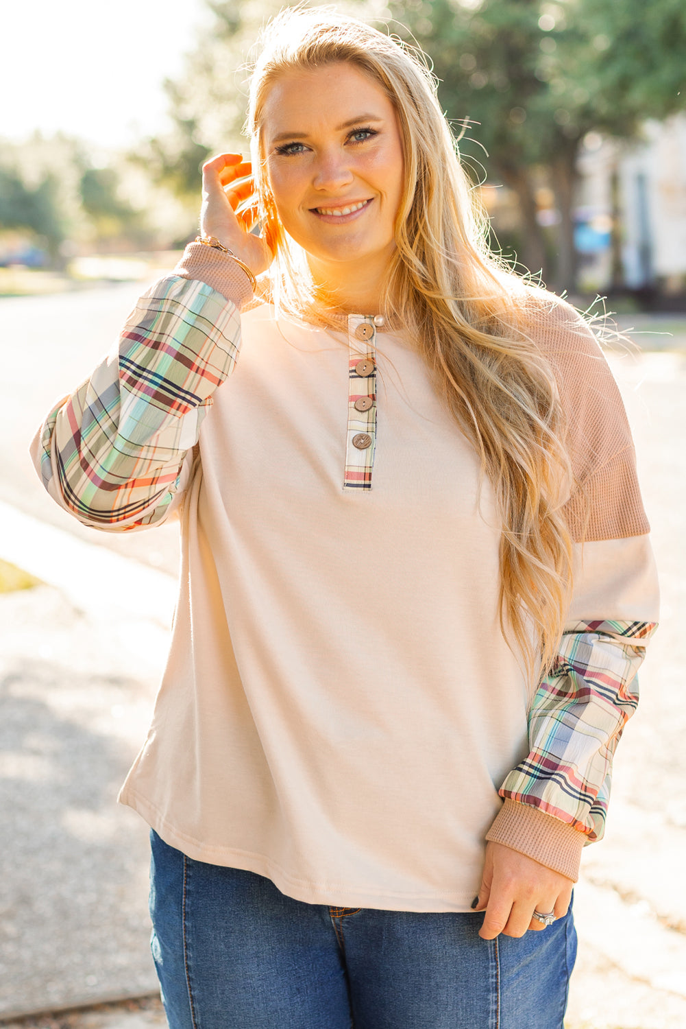 Plus Size Plaid Patchwork Layered Henley Top | Parchment