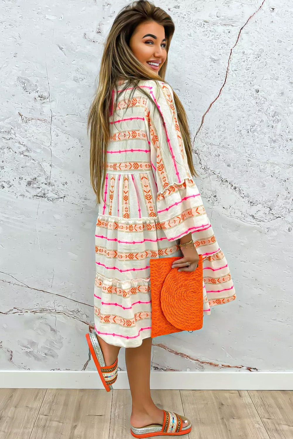 Bohemian Printed Bracelet Sleeve Slit Neck Ruffled Loose Dress | Orange