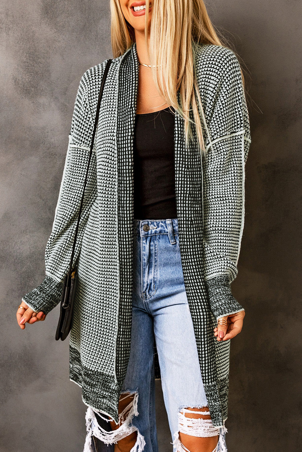 Plaid Knitted Long Open Front Cardigan | Gray