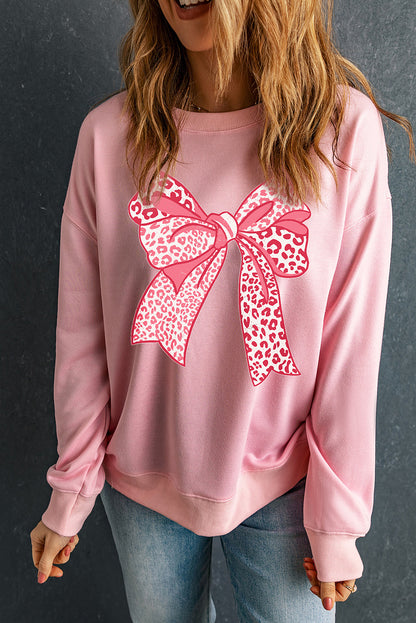 Leopard Bowknot Printed Crewneck Pullover Sweatshirt | Pink