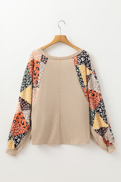 Contrast Printed Raglan Sleeves Patchwork V Neck Loose Top | Parchment