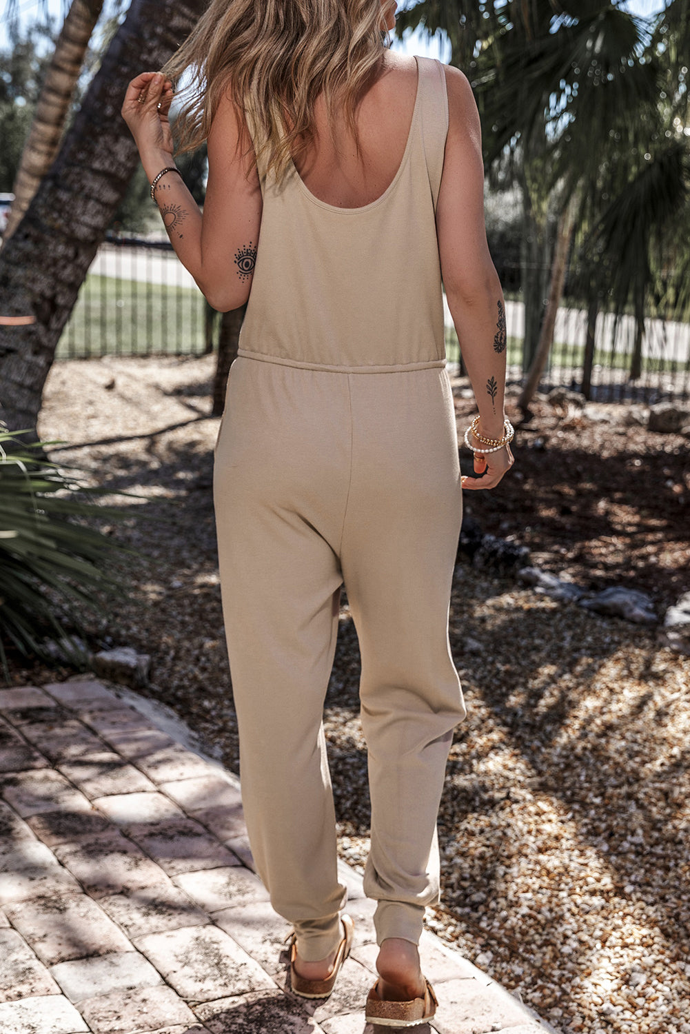 Drawstring Pockets Notched Neck Sleeveless Jogger Jumpsuit | Smoke Gray