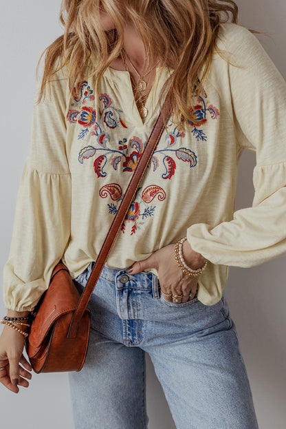 Paisley Floral Embroidered Notch V Neck Blouse | Apricot