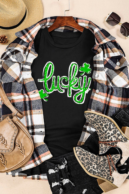 St. Patricks Lucky Clover Print O Neck T Shirt | Black