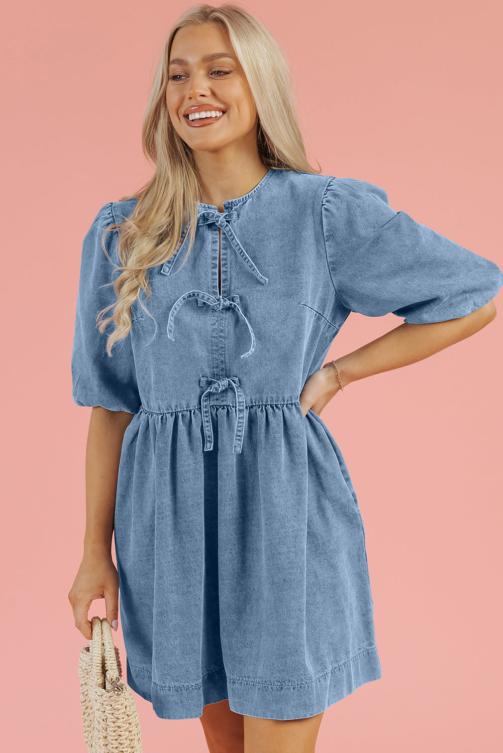 Bowknot Bubble Sleeve Short Denim Dress | Dusk Blue