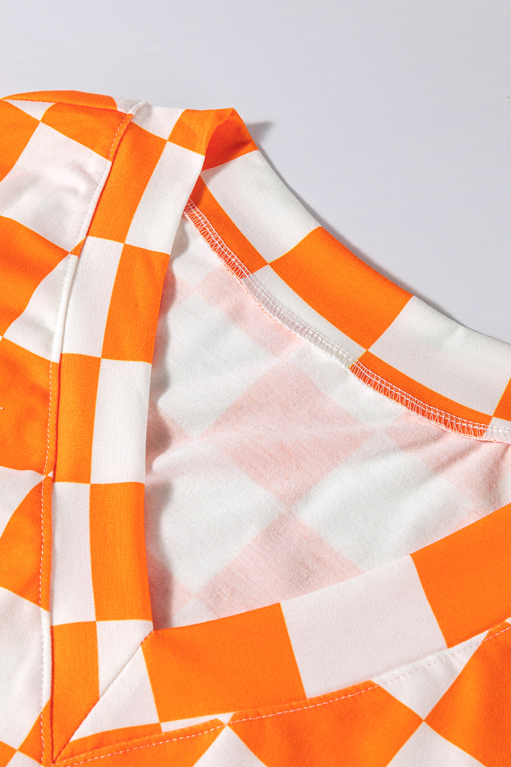 Checkerboard Print V Neck Loose Tee And Shorts Lounge Set | Orange