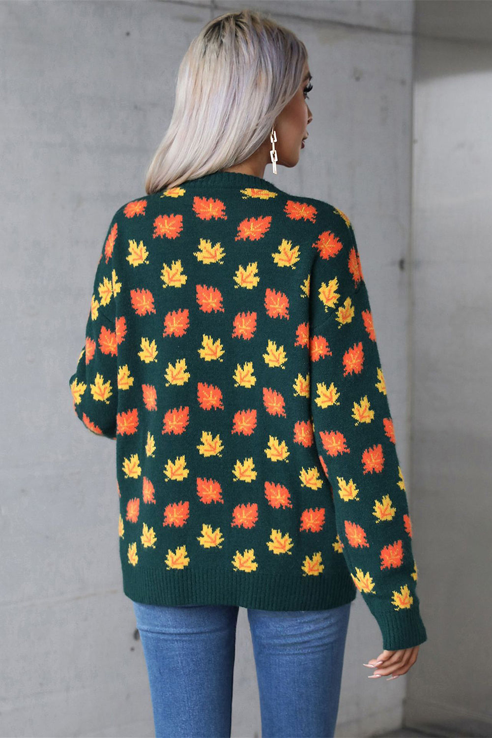 Fall Leaves Pattern Crew Neck Sweater | Blackish Green