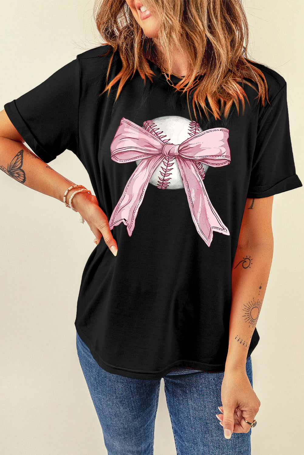 Baseball Bow Knot Print Round Neck T Shirt | Black