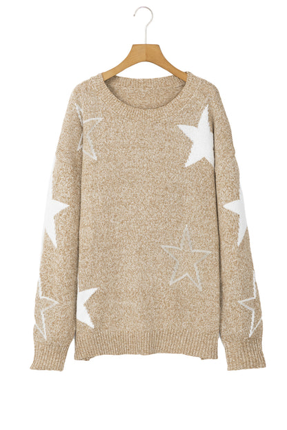 Star Pattern Drop Shoulder Plus Size Sweater | Khaki