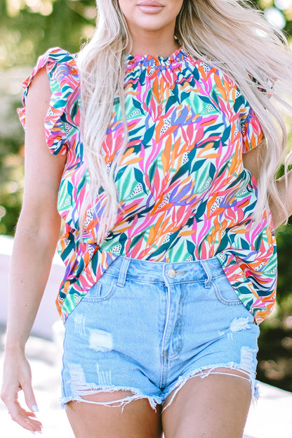 Floral Print Ruffled Flutter Sleeve Blouse | Rose Red