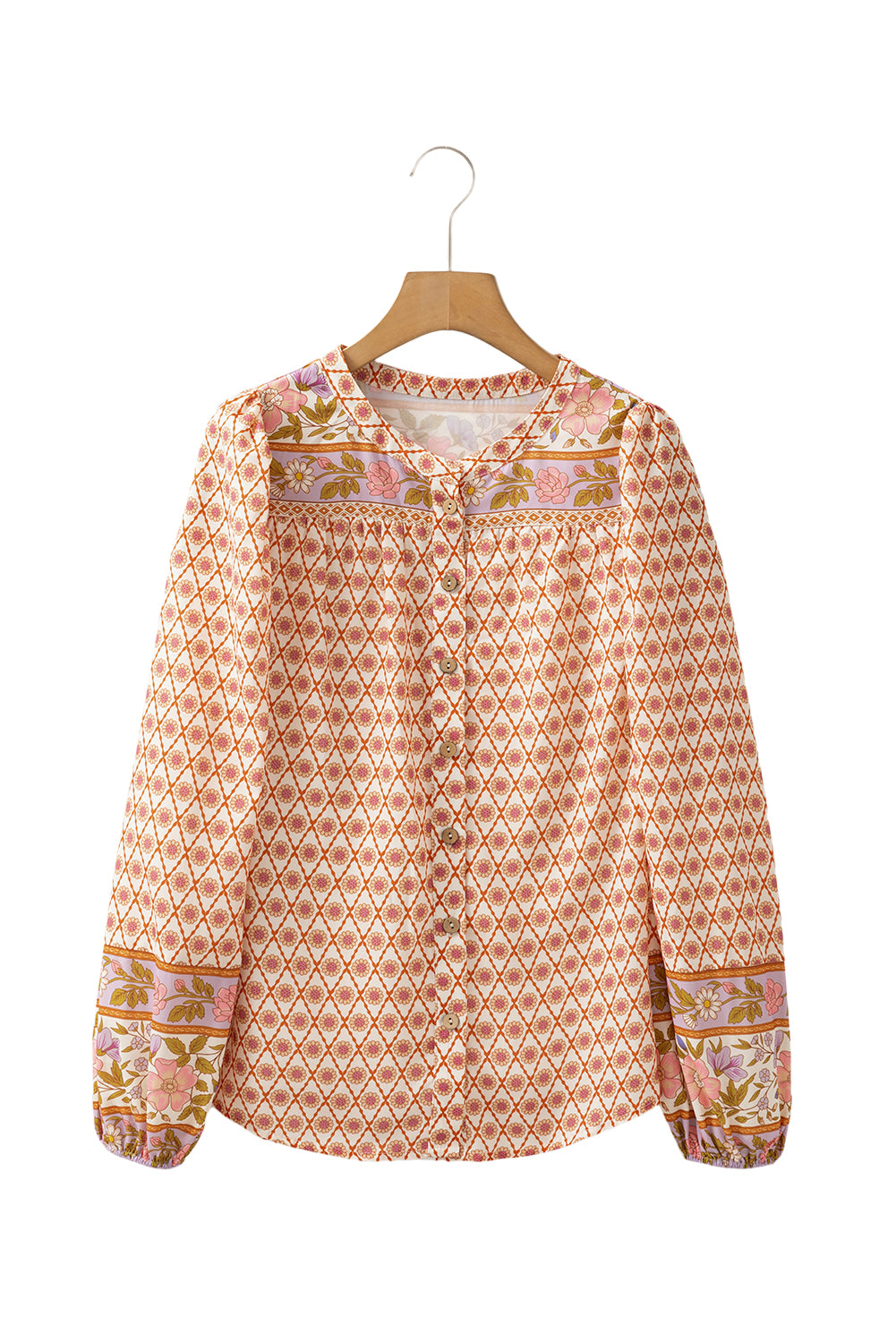 Boho Floral Mixed Print Puff Sleeve Shirt | Multicolour