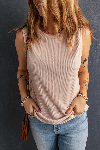 Crew Neck Waffle Tank Top | Apricot