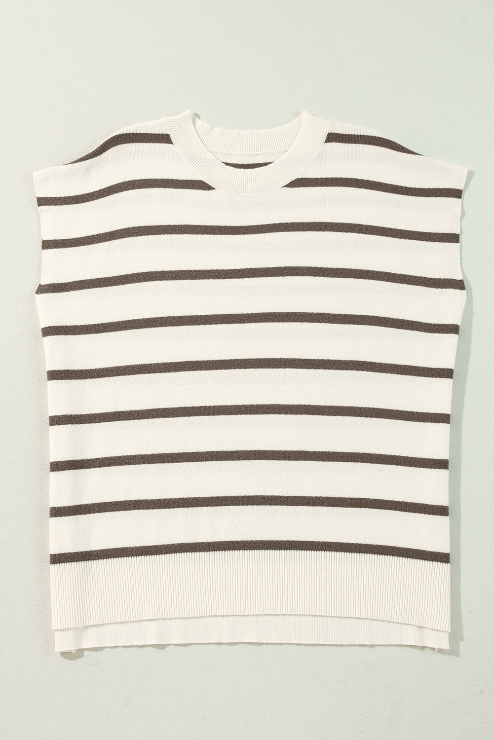 Side Slits Crewneck Short Sleeve Sweater Tee | Brown Stripe