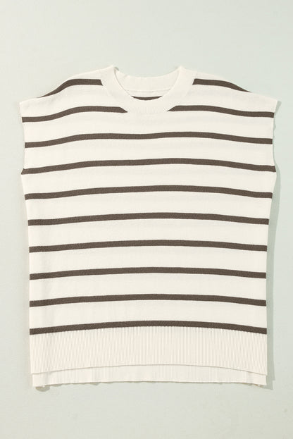 Side Slits Crewneck Short Sleeve Sweater Tee | Brown Stripe