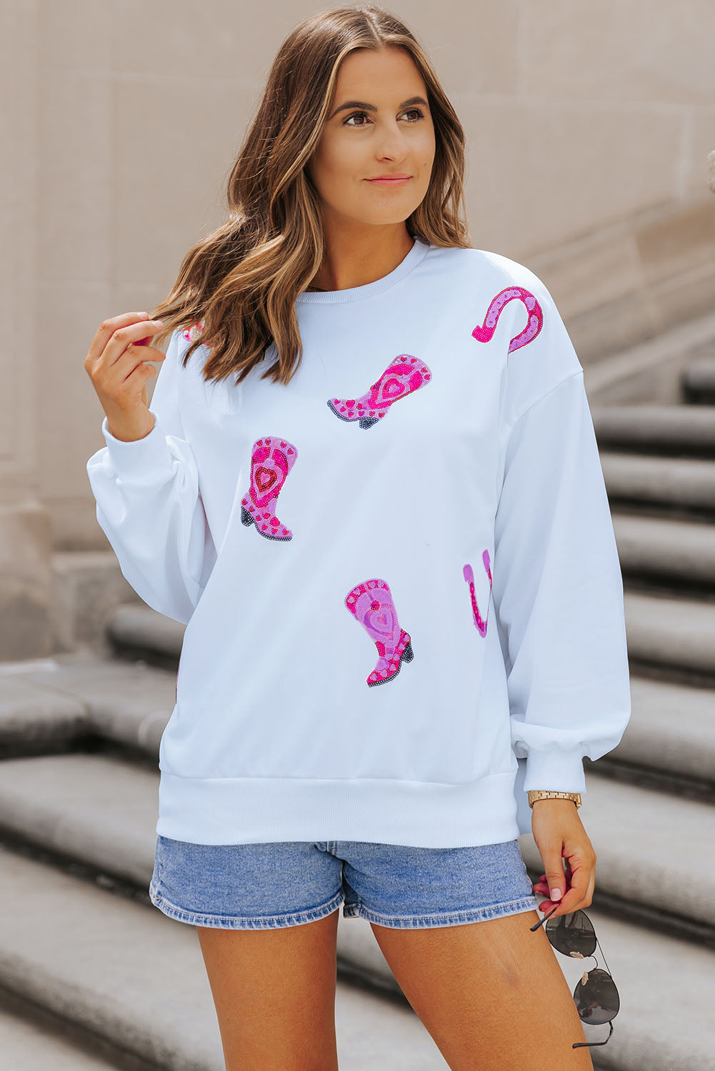 Sequin Western Cowgirl Boots Graphic Sweatshirt | White