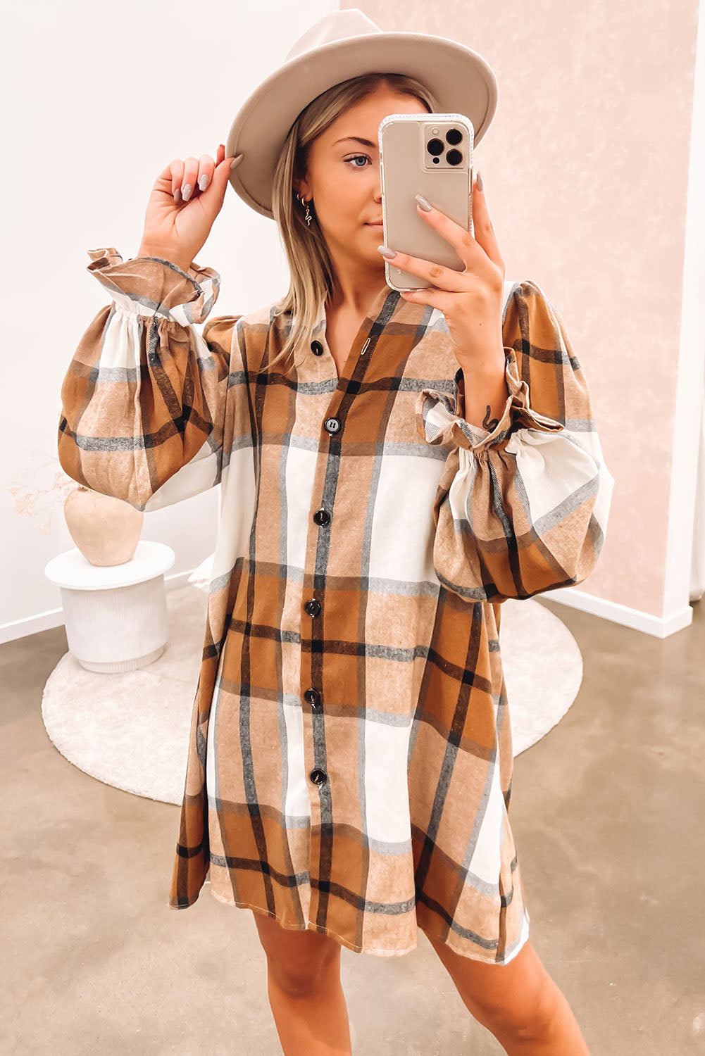 Plaid Pattern Collared Neck Ruffled Sleeve Shirt Dress | Khaki