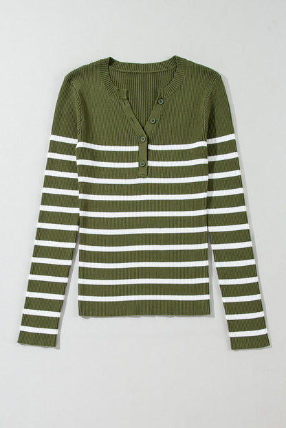 Ribbed Knit Henley Buttons Slim Fit Sweater | Green Stripe