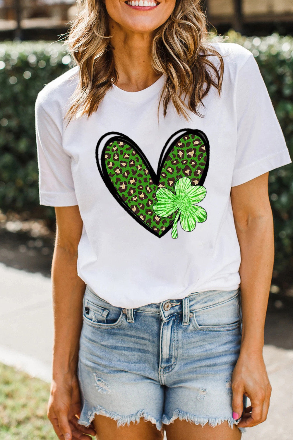 Clover Leopard Heart Shaped Print Crewneck Graphic Tee | White