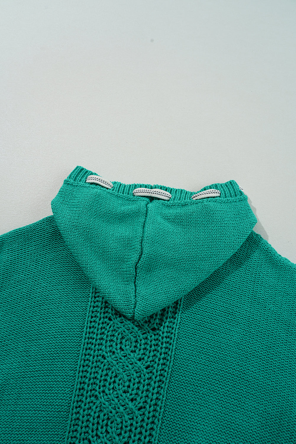 Cable Knit V Neck Contrast Drawstring Hooded Sweater | Sea Green