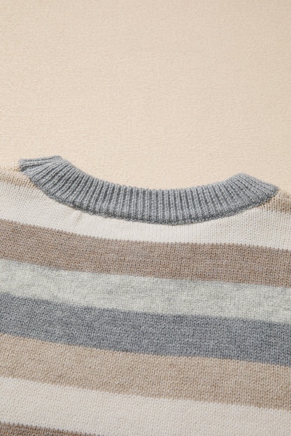 Colour Block Ribbed Edge Round Neck Sweater | Gray Stripe