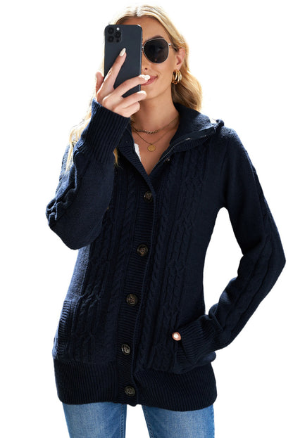 Long Sleeve Button-Up Hooded Cardigans | Navy Blue