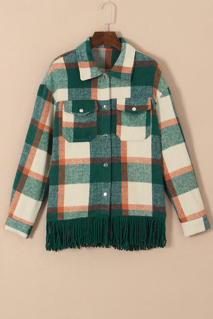 Plaid Snap Button Pocket Fringed Hem Jacket | Sea Green