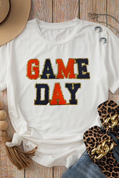 Glitter Game Day Rugby Football Season Round Neck T Shirt | White