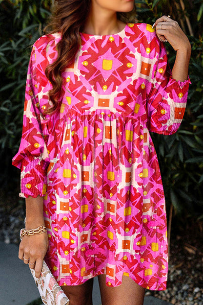 Geometric Print Smocked Long Sleeve Mini Dress | Strawberry Pink