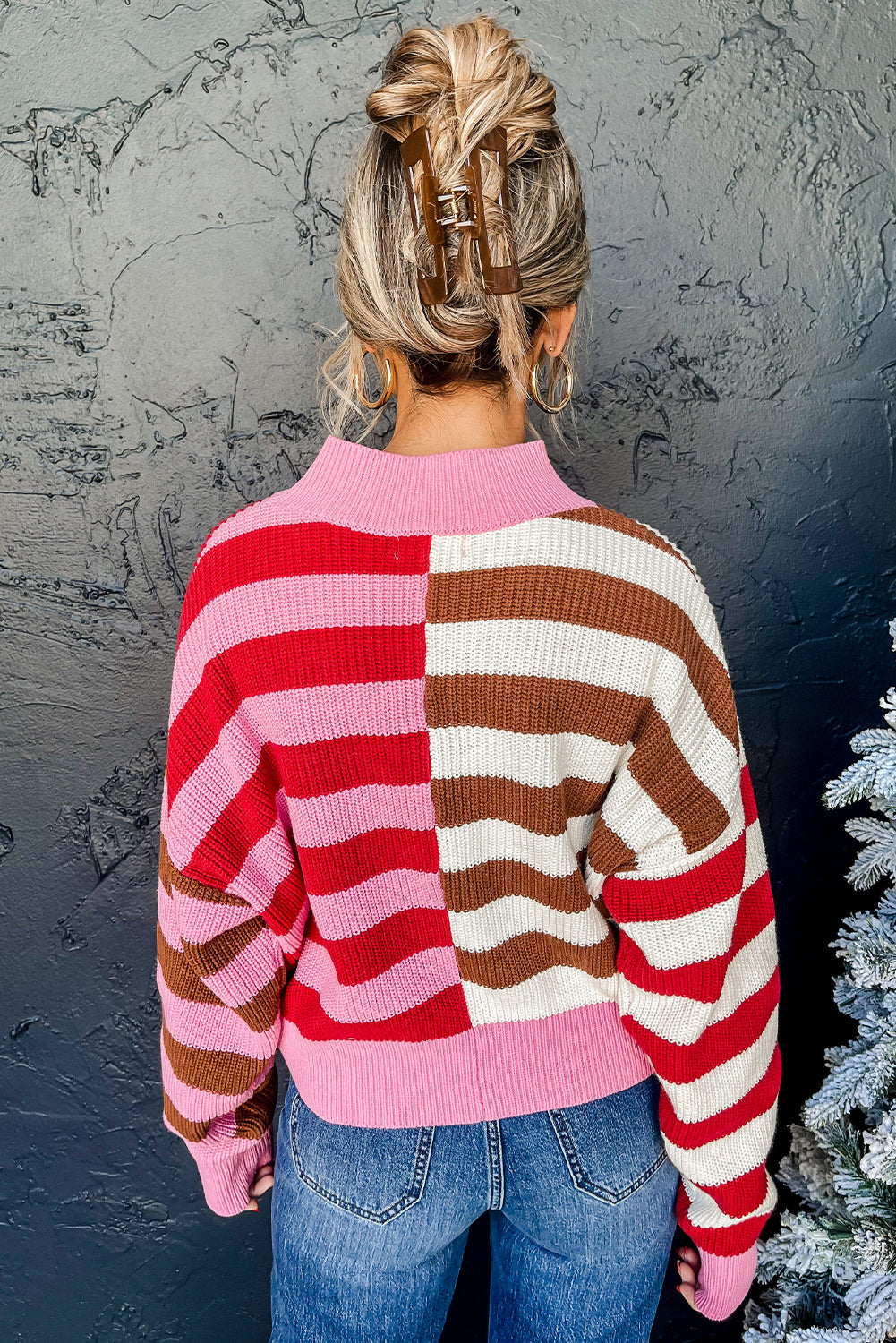 Colour Block High Neck Drop Shoulder Loose Sweater | Pink Stripe