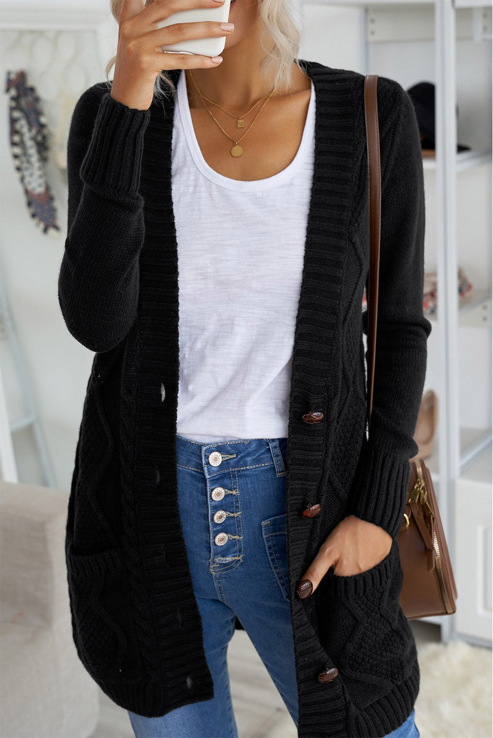 Front Pocket And Buttons Closure Cardigan | Black