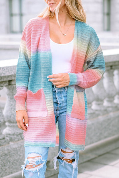 Gradient Knit Open Cardigan With Pockets | Green