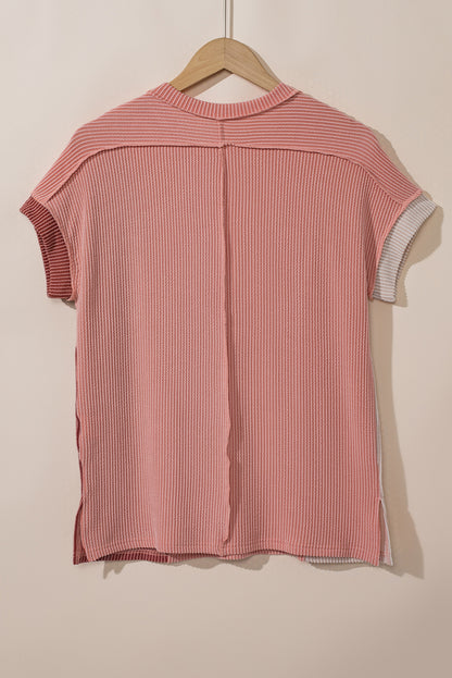 Textured Colourblock Crew Neck T Shirt | Apricot Pink