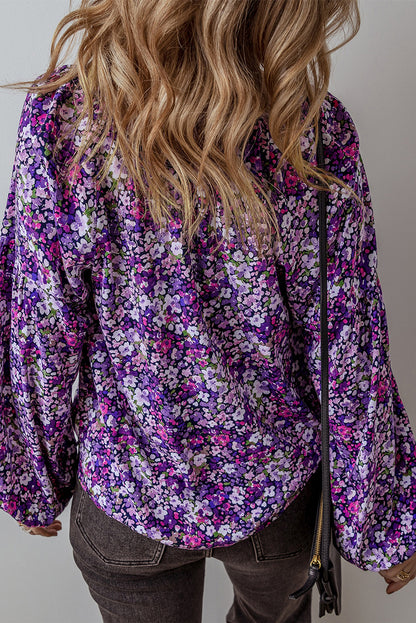 Boho Flower Split V Neck Bubble Sleeve Blouse | Purple