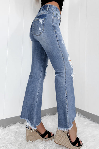 High Rise Ripped Distressed Hem Flared Jeans | Dusk Blue