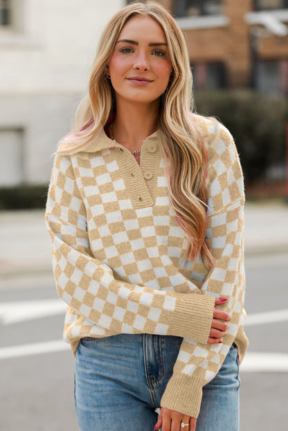 Checkered Buttons Collar V Neck Drop Shoulder Sweater | Apricot