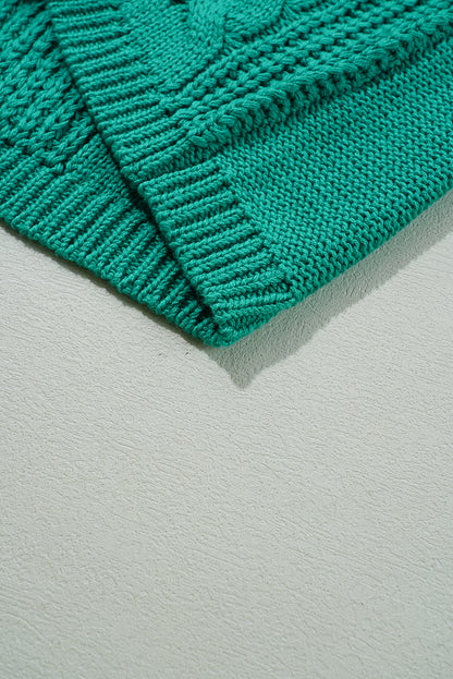 Cable Knit V Neck Contrast Drawstring Hooded Sweater | Sea Green