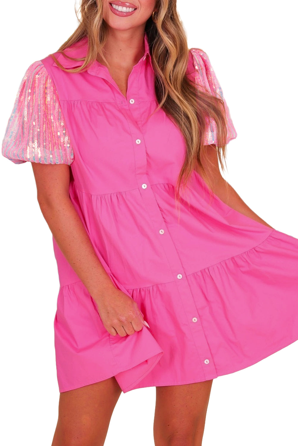 Sequined Bubble Sleeve Tiered Ruffled Shirt Dress | Bonbon