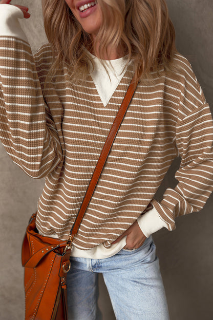 Patched Edge Textured Round Neck Long Sleeve Top | Khaki Stripe