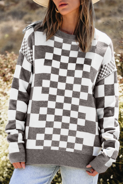 Checkered Print Drop Shoulder Round Neck Sweater | Gray