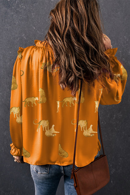 Cheetah Printed Ruffled Sleeve Blouse | Orange