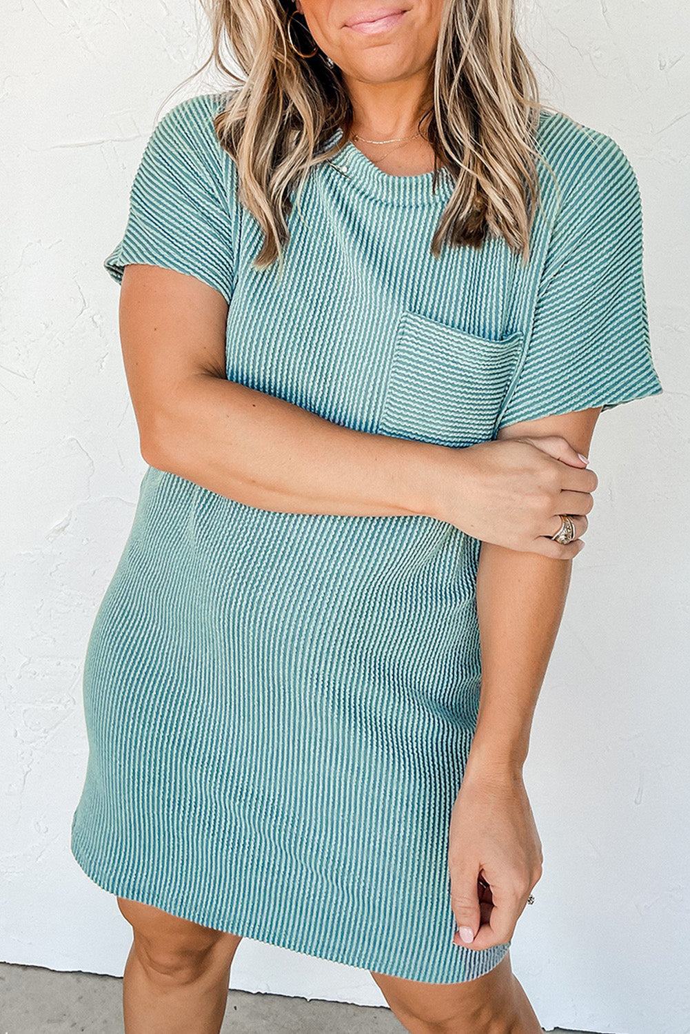 Striped Ribbed Knit T-Shirt Shift Dress | Blue