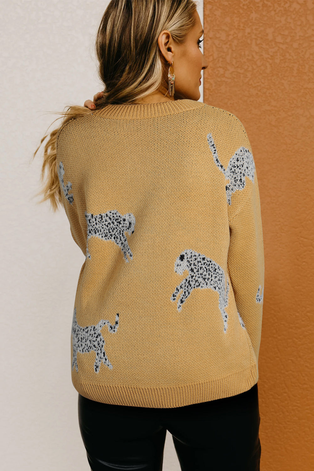 Fuzzy Cheetah Accent Round Neck Sweater | Camel