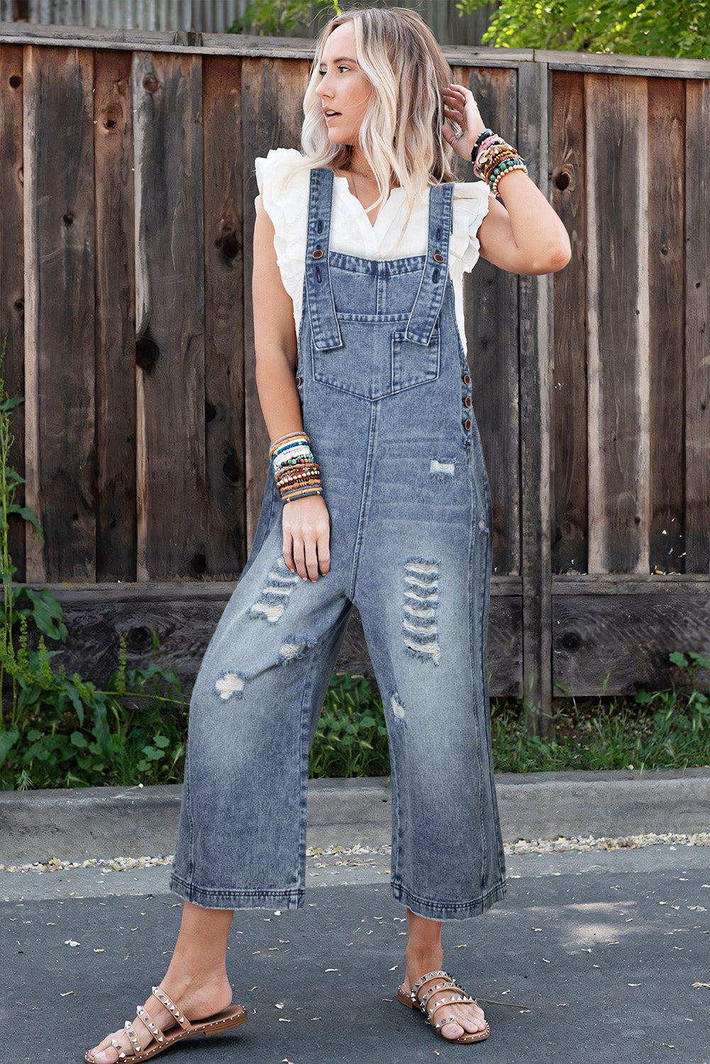 Distressed Bib Pocket Wide Leg Denim Overall | Stone Blue