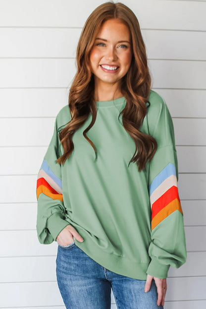 Rainbow Striped Sleeve Crew Neck Loose Sweatshirt | Moonlight Jade