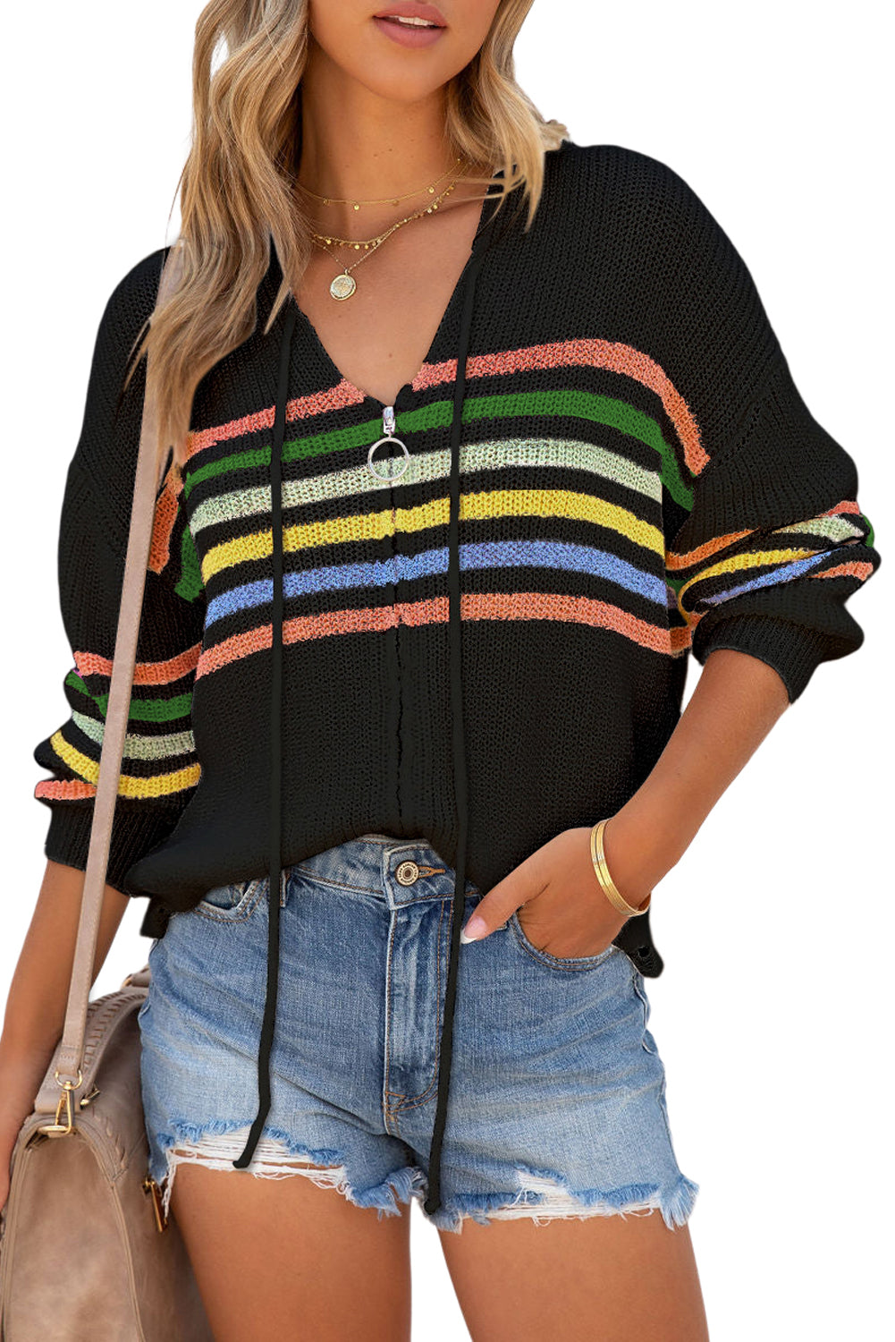 Striped Detail Zip Up Hooded Sweater Cardigan | Black