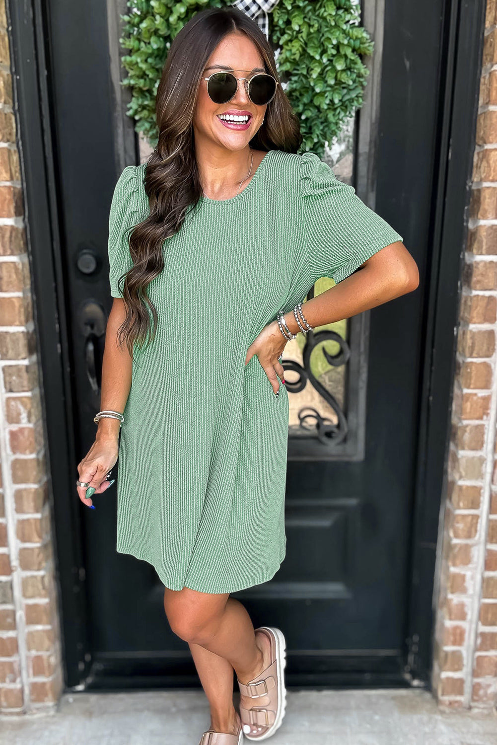 Corded Knit Crew Neck Puff Sleeve Shift Mini Dress | Mint Green