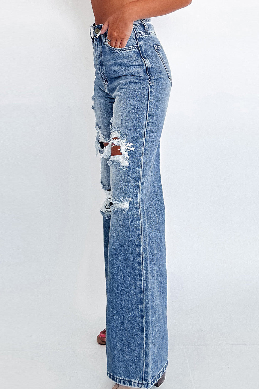 Acid Wash Distressed Wide Leg High Waist Jeans | Ashleigh Blue