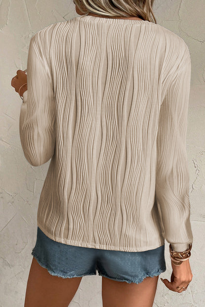 Textured Wavy Round Neck Long Sleeve Top | Apricot