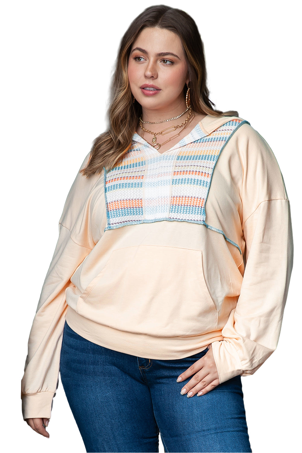 Geometric Print Splicing Plus Size Hoodie | Khaki